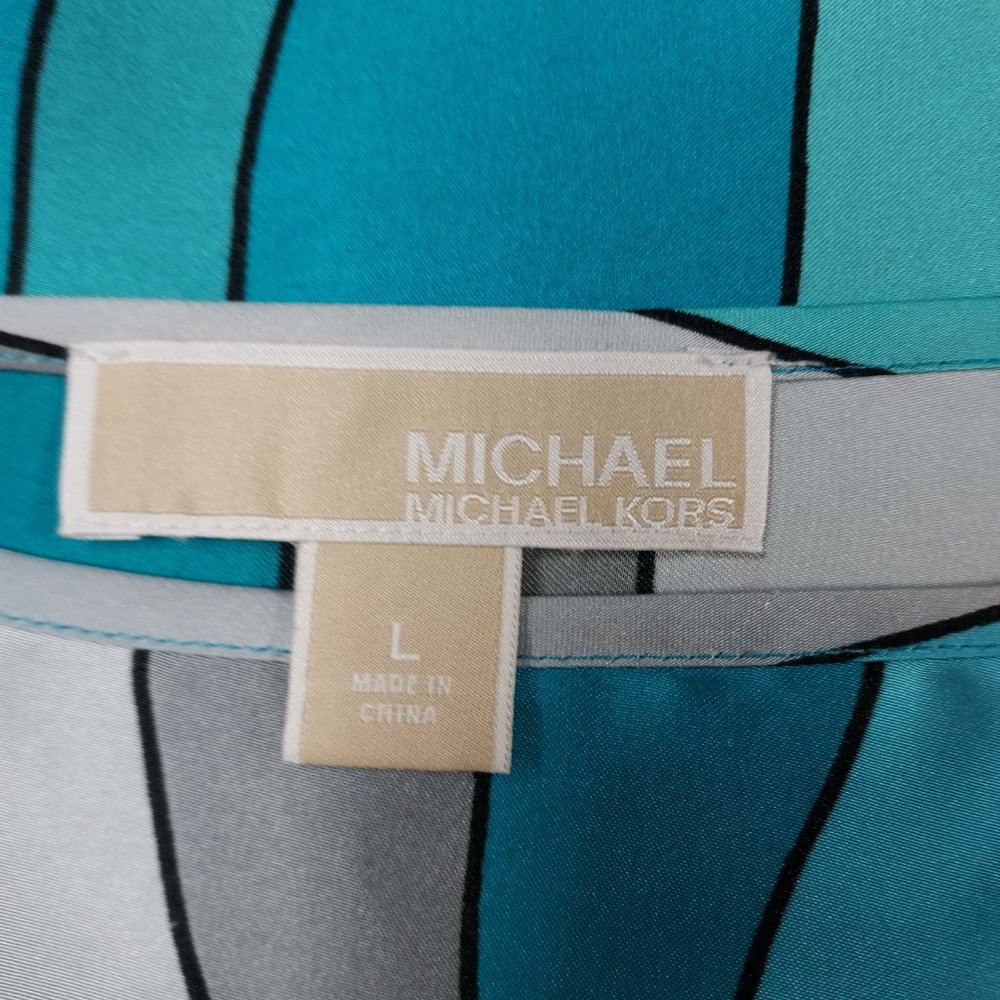 "MICHAEL KORS" TURQUOISE ARTSY GEOMETRIC  PONCHO TUNIC LONGLINE SILKY TOP SZE: L - Picture 4 of 4